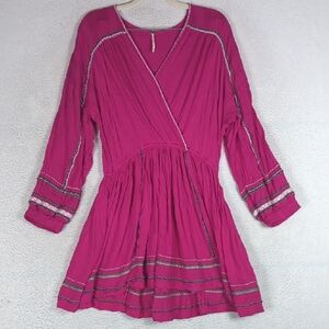 Free People Women's Magenta Delilah Wrap Long Sleeve Boho Mini Dress Size S‎